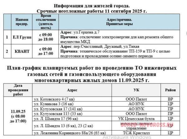 Плановое и срочное отключение электро- и газоснабжения в Новороссийске 11.09.2025